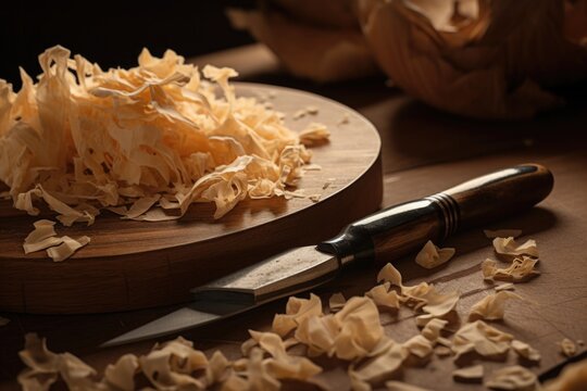 pile of delicate wooden shavings next to carving knife, created with generative ai