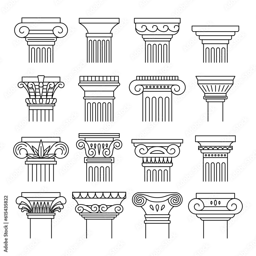 Poster ancient columns black thin line icon set include of ionic, doric and corinthian order. vector illust