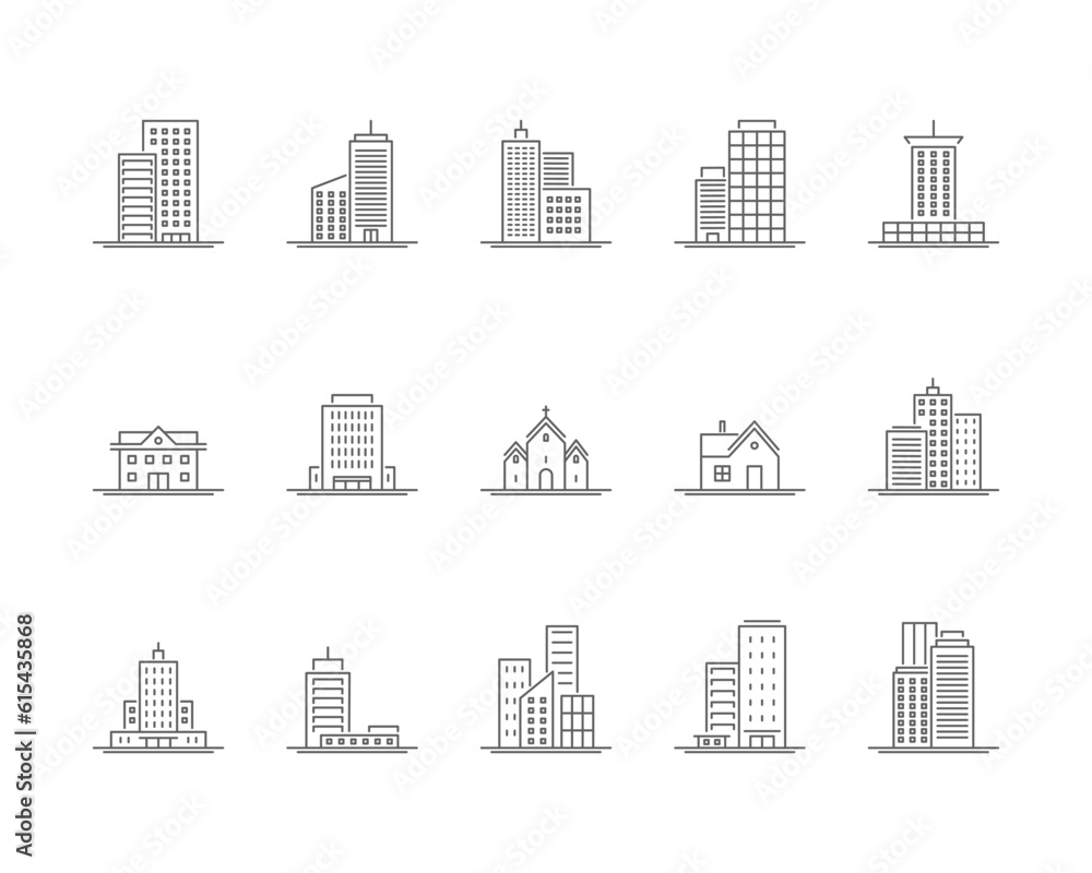 Poster different types building black thin line icon set include of skyscraper, hotel and element cityscape