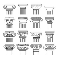 Ancient Columns Black Thin Line Icon Set Include of Ionic, Doric and Corinthian Order. Vector illustration of Icons - obrazy, fototapety, plakaty