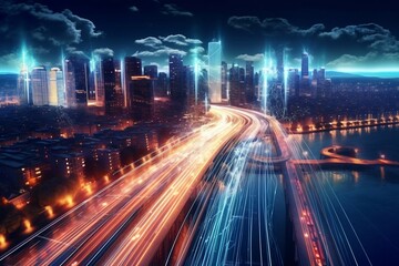 Fototapeta na wymiar High-Speed Light Trails of Digital Data Transfer in a Smart Digital City. AI