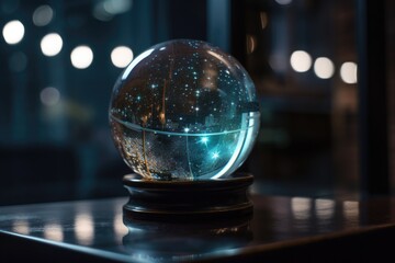 close-up of crystal ball, with stars and galaxies visible in the reflection, created with generative ai - obrazy, fototapety, plakaty