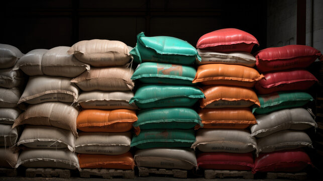 Sacks of goods stacked in a warehouse. Generative AI