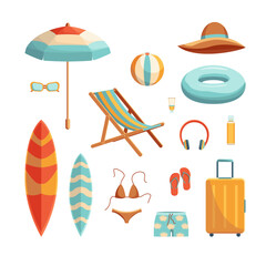 Cartoon Color Different Beach Accessories Set Concept Flat Design Style Include of Sunglasses, Hat and Umbrella. Vector illustration