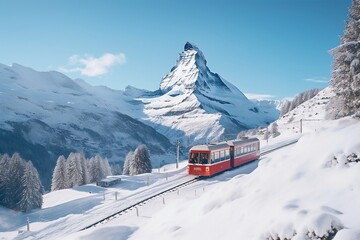 Fototapeta na wymiar Winter Delights: Tourist Train and Skier Embrace the Magnificent Matterhorn. AI