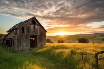 Obraz premium rustic barn, with view of sunrise, surrounded by rolling hills, created with generative ai