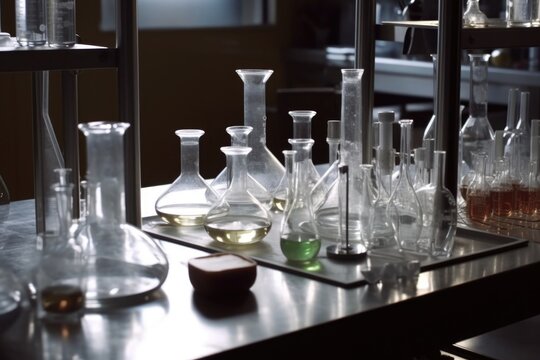 close-up of laboratory equipment, with test tubes and beakers visible, created with generative ai