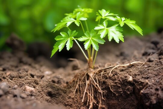 close-up of a tree sapling with its roots firmly in the soil, created with generative ai