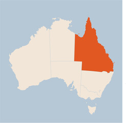 Vector map of the state of Queensland highlighted highlighted in orange on a beige colored map of Australia.