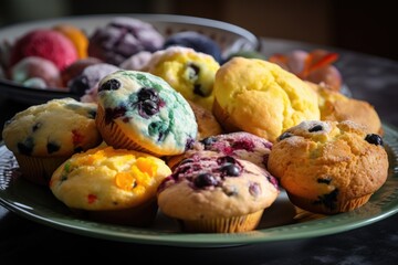 brightly colored muffins and scones on a serving plate, created with generative ai