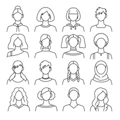 Different Types Female Avatar Black Thin Line Icon Set Head and Diversity Hairstyle. Vector illustration of User Icons
