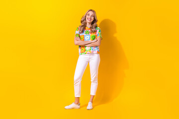 Full size photo of cunning tricky woman wear flower print t-shirt arms crossed look empty space...