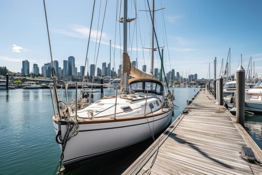 sailboat docked at marina with view of the city skyline in the background, created with generative ai