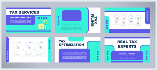 Tax services for individuals presentation templates set. Professional accountant. Bookkeeping business. Ready made PPT slides on blue and white background. Graphic design. Arial font used