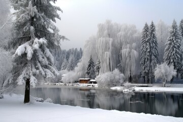 winter wonderland, with frozen lake and snow-covered trees, created with generative ai