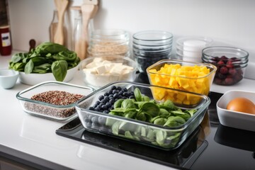 meal prep station with bowls, utensils, and ingredients for preparing healthy meals, created with generative ai