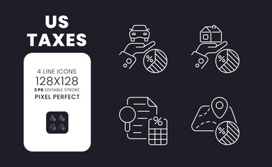 US taxes white linear desktop icons on black. Payment obligations. State income. IRS audit. Pixel perfect 128x128, outline 2px. Isolated interface symbols pack for dark mode. Editable stroke
