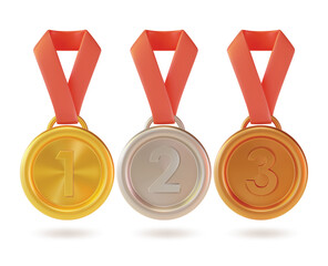 3d Different Types Medal Set Cartoon Style. Vector illustration of Gold, Silver and Bronze Sports Medals