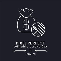 Taxable Income white linear desktop icon on black. Capital gains. Tax deductions. Business earnings. Pixel perfect 128x128, outline 2px. Isolated user interface symbol for dark theme. Editable stroke