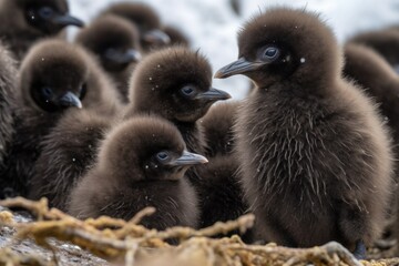 group of penguin chicks huddled together, with mom standing guard, created with generative ai