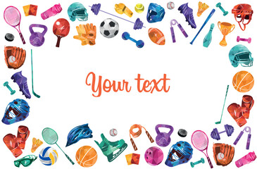 Sport vector colorful illustration background. Sports equipment inventory. Healthy lifestyle tools.
