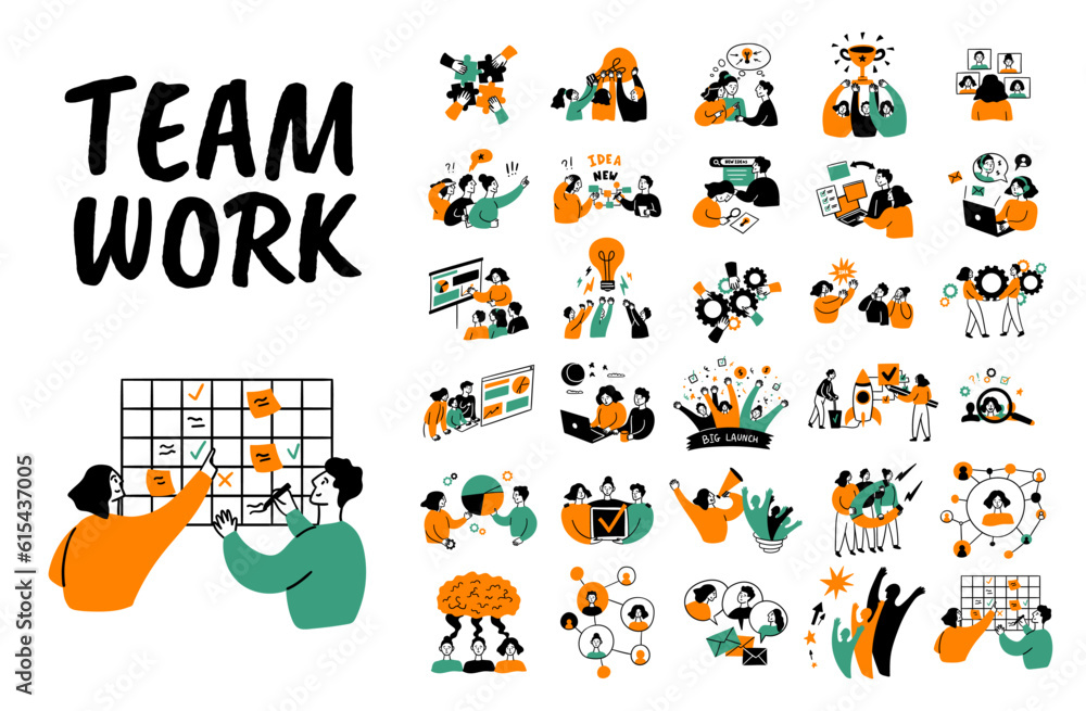 Aufkleber cartoon color teamwork concept set flat design style. vector illustration of scenes with part in bus