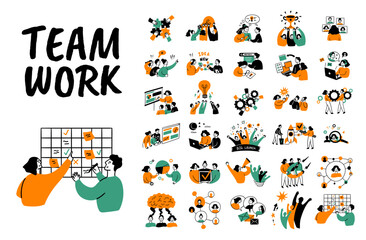 Cartoon Color Teamwork Concept Set Flat Design Style. Vector illustration of Scenes with Part in Business Activities