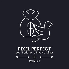 Tax exemption white linear desktop icon on black. Non-taxable income. Government subsidies. Pixel perfect 128x128, outline 2px. Isolated user interface symbol for dark theme. Editable stroke