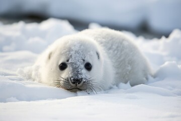Obraz premium seal pup rolling in the snow, playfully biting at its ice-cold surroundings, created with generative ai
