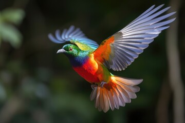 Obraz premium rainbow bird spreading its wings in flight, created with generative ai