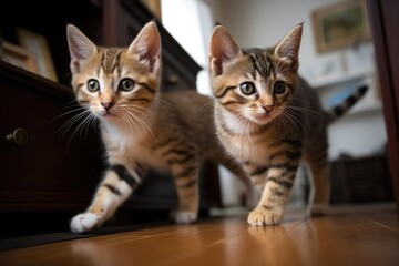 Naklejka na ściany i meble playful kittens chasing each other around the house, created with generative ai