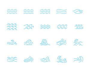 Different Types Water Wave Blue Thin Line Icon Set. Vector illustration of Sea and Ocean Surf Borders © bigmouse108