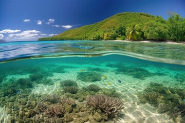 Fototapeta na wymiar remote island beach, with crystal-clear water and tropical fish swimming in the shallows, created with generative ai