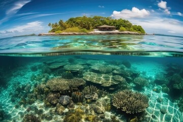 remote island with crystal-clear waters and tropical fish swimming among the reef, created with generative ai