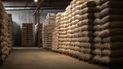 Sacks of goods stacked in a warehouse. Generative AI