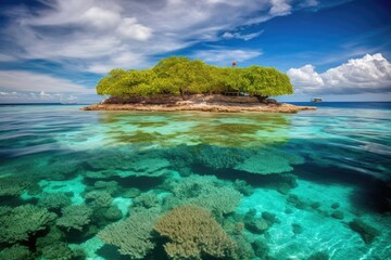 Fototapeta premium remote island surrounded by crystal-clear water and colorful coral reef, created with generative ai