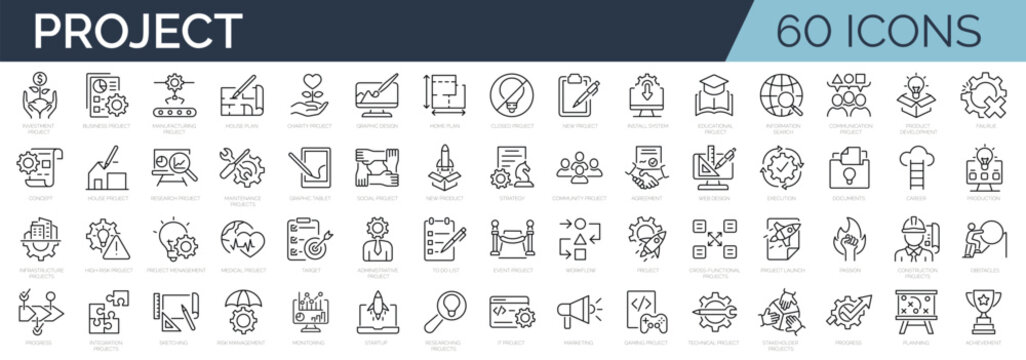 Set of 60 line icons related to project, startup, management, business. Editable stroke. Outline icon collection. Vector illustration