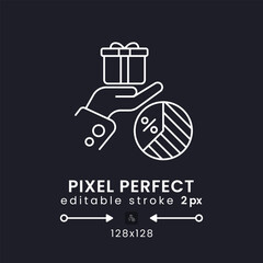 Gift Tax white linear desktop icon on black. Wealth transfer regulations. Inheritance taxation. Pixel perfect 128x128, outline 2px. Isolated user interface symbol for dark theme. Editable stroke