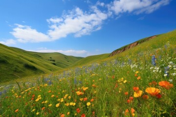 Fototapeta premium rolling hills covered in wildflowers, with clear blue sky visible, created with generative ai