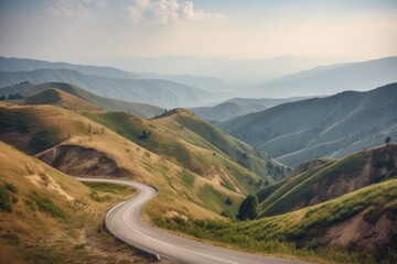 scenic road trip through the mountains, with panoramic views of rolling hills and winding roads, created with generative ai