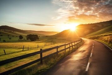 scenic road trip through a landscape of rolling hills and pastures, with the sun setting in the background, created with generative ai