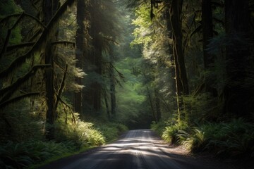 scenic road trip through the forest, with glimpses of sunlight filtering through the trees, created with generative ai