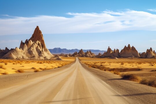 scenic road trip through the desert, with sand dunes and rock formations in the background, created with generative ai