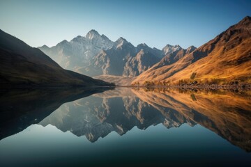 reflection of majestic mountain range in serene lake, created with generative ai