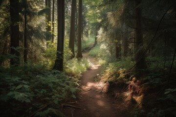 hiking trail surrounded by tall trees and beautiful scenery, created with generative ai