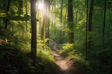 hiking trail through lush forest, with sunlight filtering through the trees, created with generative ai
