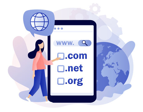 Domain registration concept. Tiny woman choose, find, purchase, register website domain name in snartphone app. Online hosting service. Modern flat cartoon style. Vector illustration 