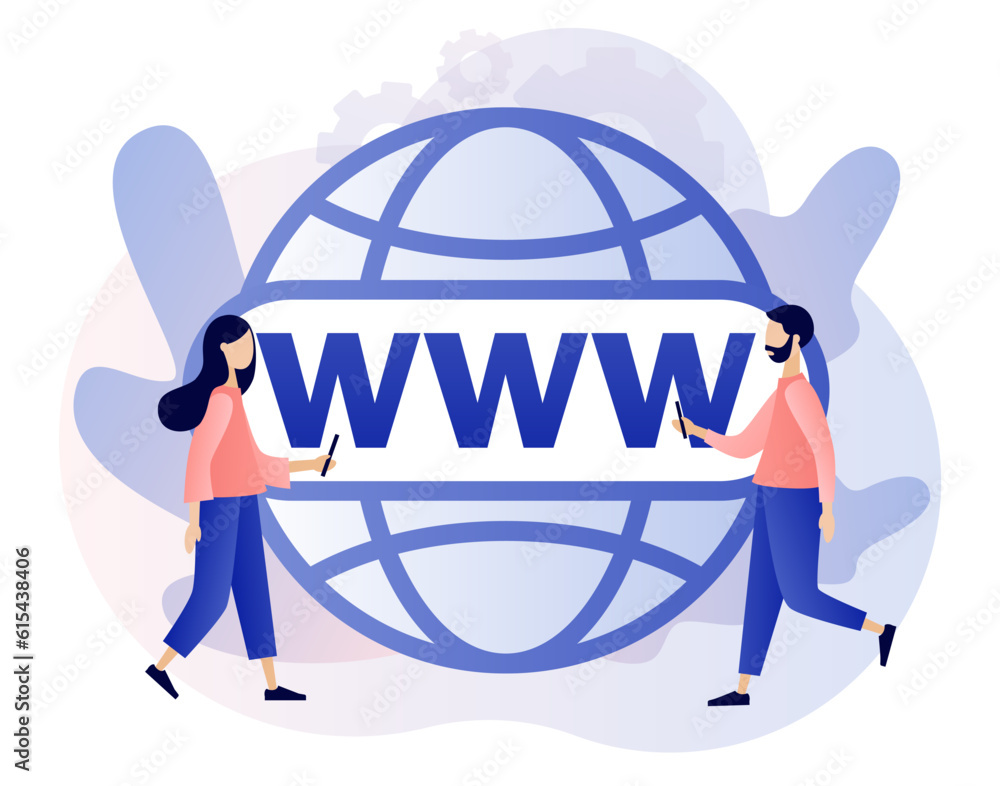 Poster world wide web. www icon. globe internet search concept. tiny people looking for information on webs
