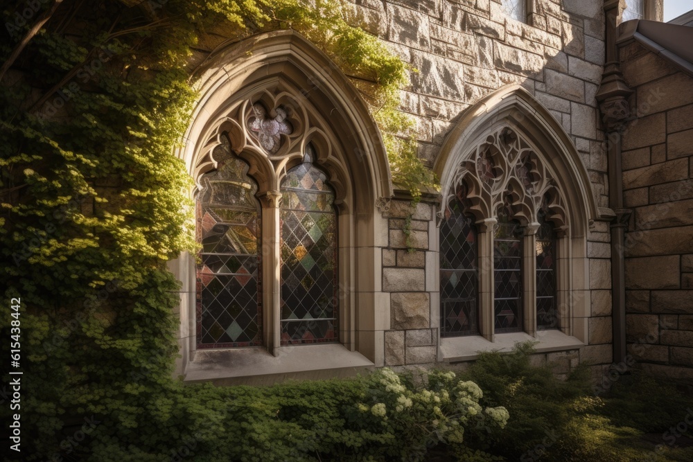 Wall mural stone exterior with stained glass window and ivy, created with generative ai