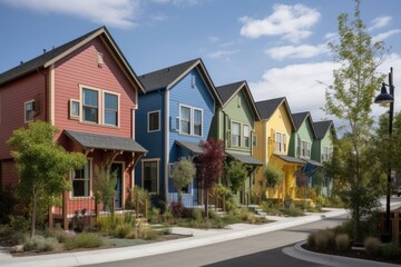 cluster of homes in a close-knit neighborhood, with diverse exterior designs and colors, created with generative ai